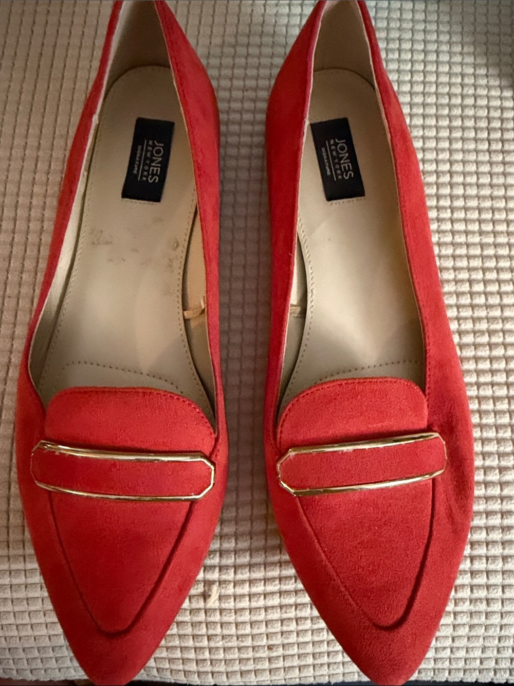 Jones New York Red Suede Pointed-Toe Loafers with Gold Accent Size 8 1/2
